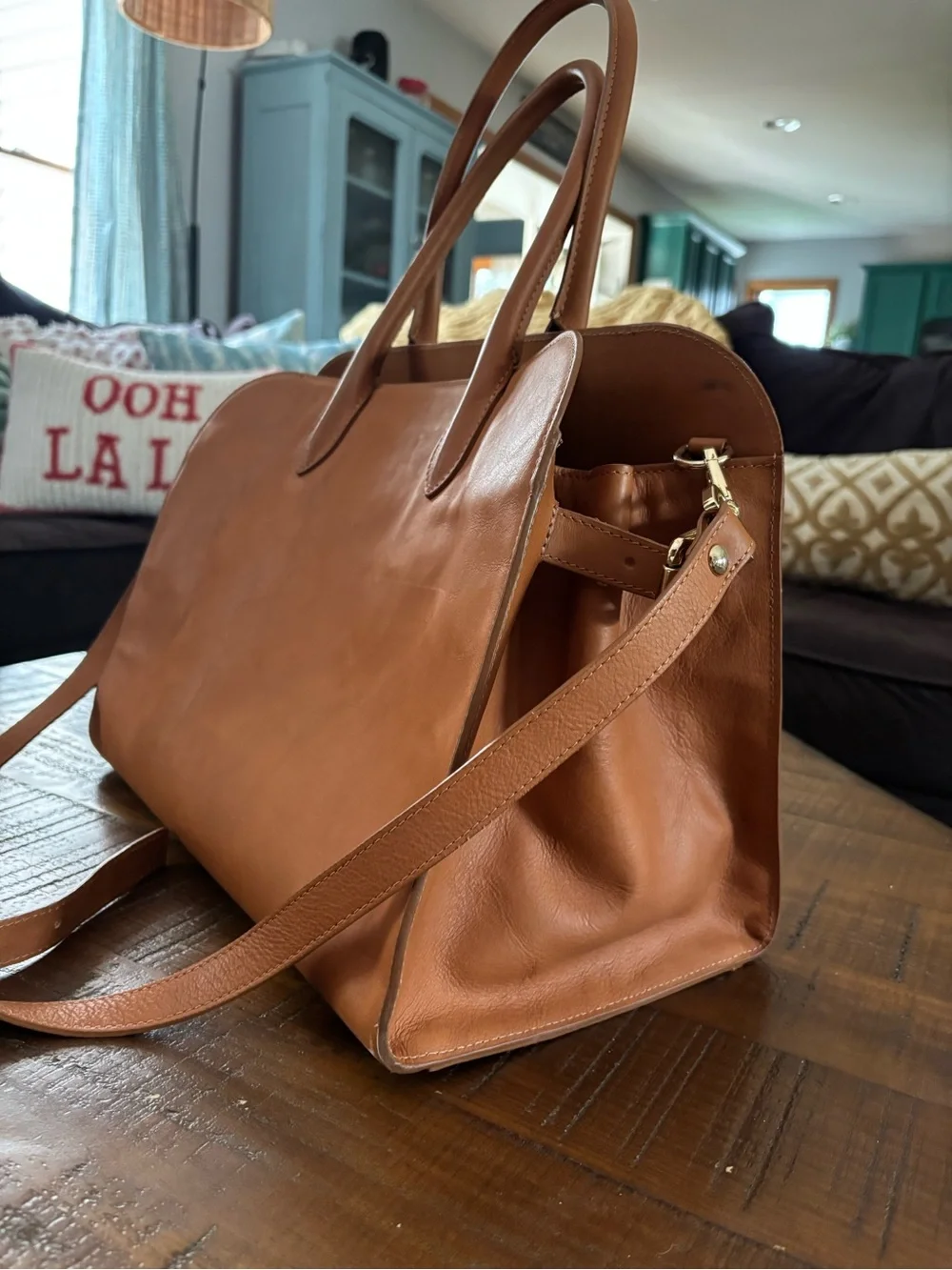 Structured Tan Leather Satchel with Adjustable Strap